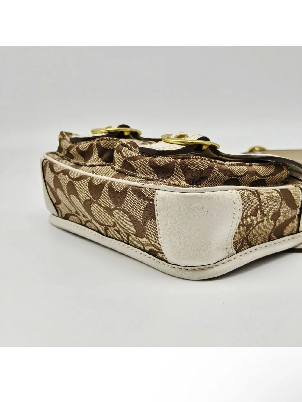 Coach Signature Mini Crossbody Bag Brown Canvas White Leather Flap Buckle Y2K